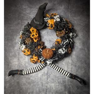Large Halloween Witch Wreath Hat Legs Pumpkins Front Door Fall Decoration